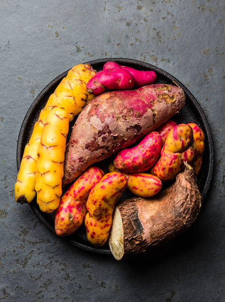 Peruvian raw ingredients for cooking - yuca, colored sweet potatoes and camote batata. Top view. - Foto, Bild