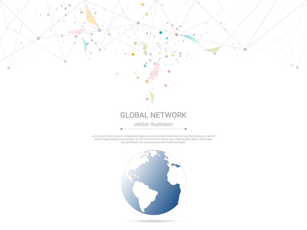 Conexión de red global, puntos de conexión de bajo polivinílico y líneas con fondo de mapa mundial, Símbolo de comunicación internacional, Redes sociales y tecnología de dispositivos digitales que abarca toda la tierra
. - Vector, Imagen