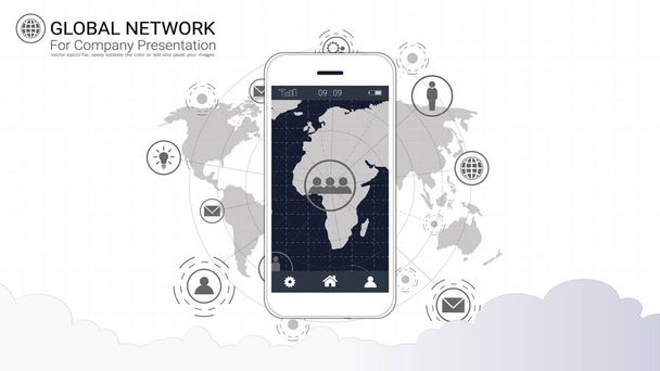 Smartphone-Bildschirm mit globalem Netzwerkhintergrund, Symbol internationaler Kommunikation, sozialer Medien und digitaler Gerätetechnologie, die sich über die ganze Erde erstreckt. - Vektor, Bild