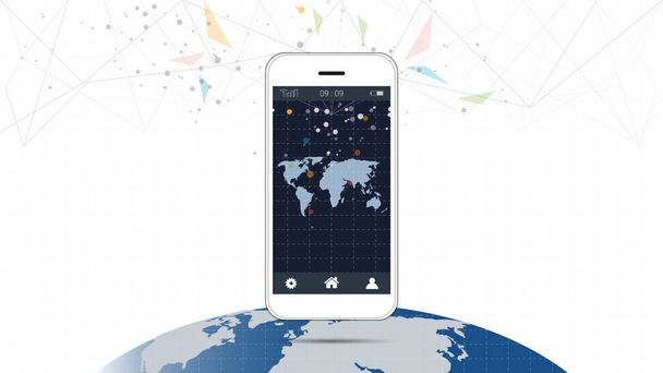 Slimme telefoon scherm met wereldwijde netwerk verbinding achtergrond, symbool van internationale communicatie, Social media en digitale apparaat technologie die de hele aarde omspant. - Vector, afbeelding