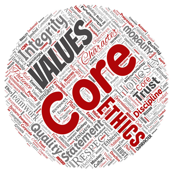 Vector conceptuele core waarden integriteit ethiek ronde cirkel rode concept word cloud geïsoleerde achtergrond. Collage van eerlijkheid kwaliteit vertrouwen, verklaring, karakter, doorzettingsvermogen, respect en betrouwbaar - Vector, afbeelding