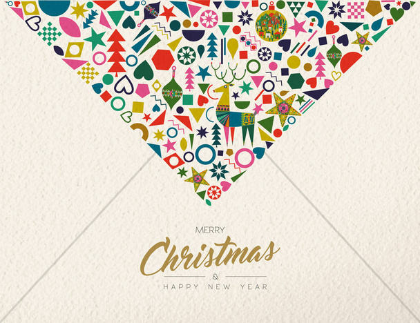 Χαρούμενα Χριστούγεννα και Ευτυχισμένο το νέο έτος διακοπές λαϊκή τέχνη εικονογράφηση κάρτας. Σκανδιναβικό στυλ διακόσμησης εικονίδια, παραδοσιακά γεωμετρικά σχήματα σε γιορτινά χρώματα. Eps10 διάνυσμα. - Διάνυσμα, εικόνα