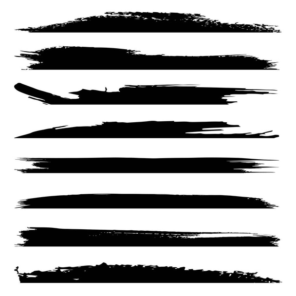 Vektori kokoelma taiteellinen grungy musta maali käsin tehty luova harja aivohalvaus asetettu eristetty valkoisella pohjalla. Ryhmä abstrakteja grunge luonnoksia muotoilukasvatukseen tai graafiseen taiteen koristeluun - Vektori, kuva