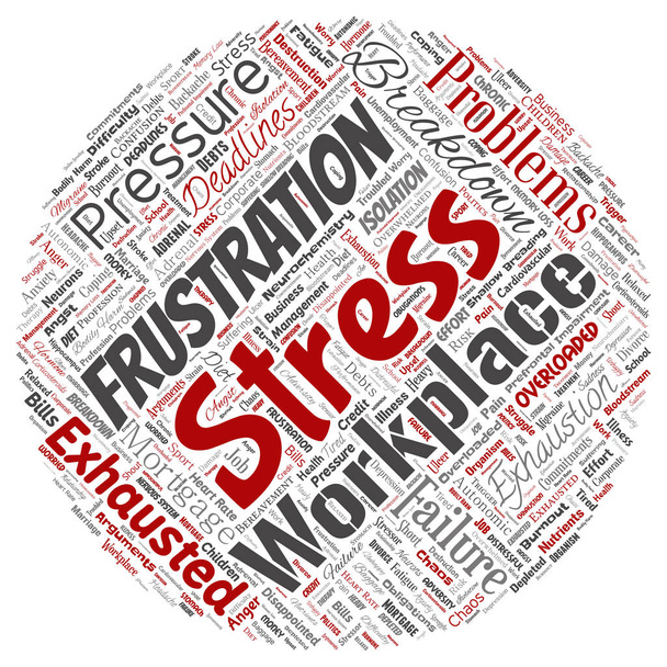 Vector conceptual mental stress at workplace or job pressure human round circle red word cloud isolated background. Collage of health, work, depression problem, exhaustion, breakdown, deadlines risk - Vector, Image