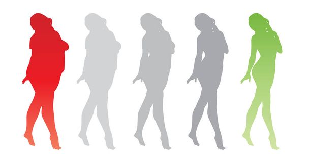 Вектор концептуальний жир надмірна вага ожиріння жінки проти тонкої пристосованості здорового тіла після втрати ваги або дієти з м'язами тонка молода жінка ізольована. Фітнес, харчування або жирність ожиріння, форма здорового силуету
 - Вектор, зображення