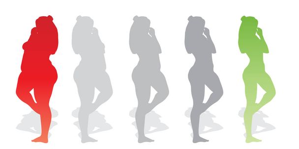 Вектор концептуальний жир надмірна вага ожиріння жінки проти тонкої пристосованості здорового тіла після втрати ваги або дієти з м'язами тонка молода жінка ізольована. Фітнес, харчування або жирність ожиріння, форма здорового силуету
 - Вектор, зображення
