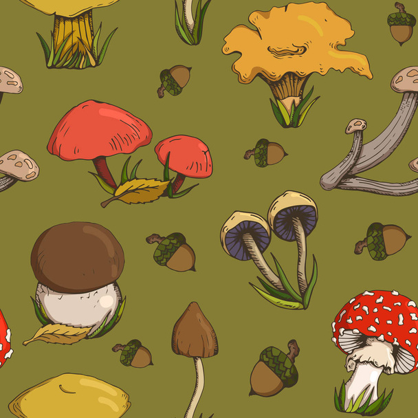 seamless pattern with forest mushrooms and acorns - Вектор, зображення