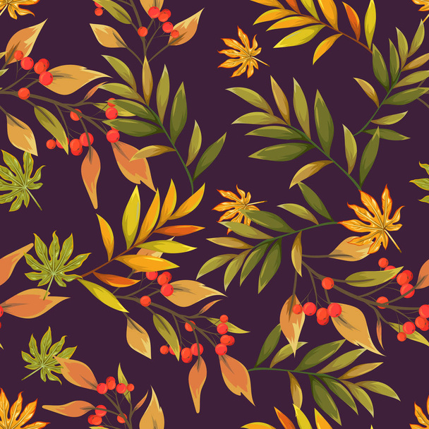 seamless pattern with autumn leaves and rowan - Vector, imagen