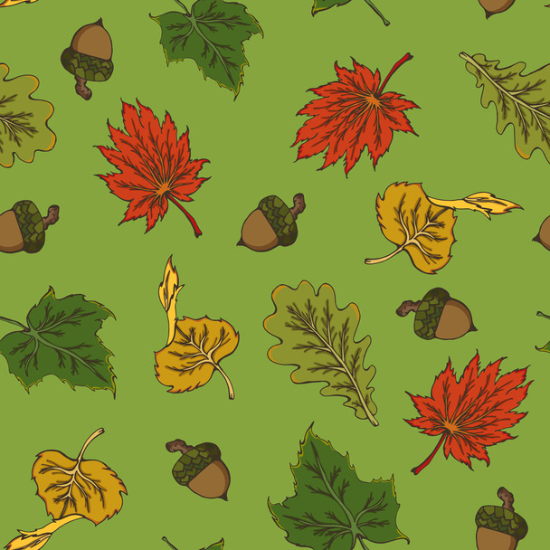 seamless pattern with autumn leaves and acorns - Vector, imagen