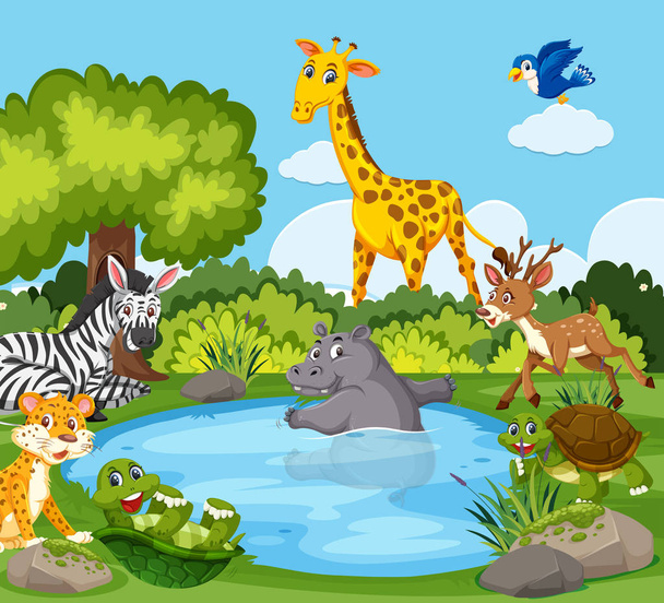 池の図の周りに野生動物 - ベクター画像