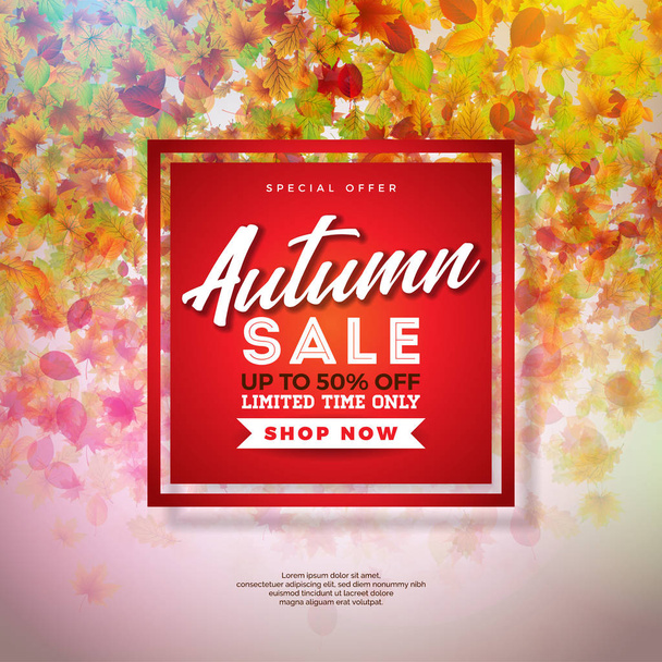 Autumn Sale Design with Colorful Falling Leaves and Lettering on Red Background. Autumnal Vector Illustration with Special Offer Typography Elements for Coupon, Voucher, Banner, Flyer, Promotional - Вектор,изображение