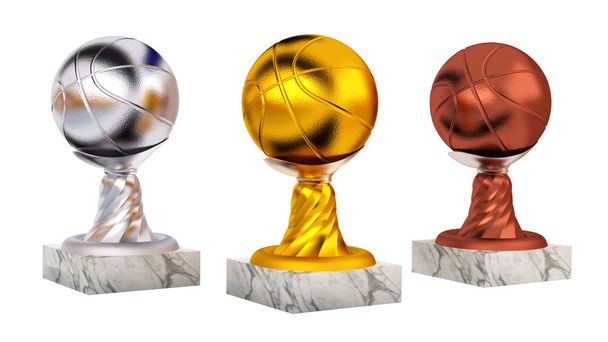 Kosárlabda arany ezüst és bronz trófeák, márvány alapja egy fehér háttér - Fotó, kép