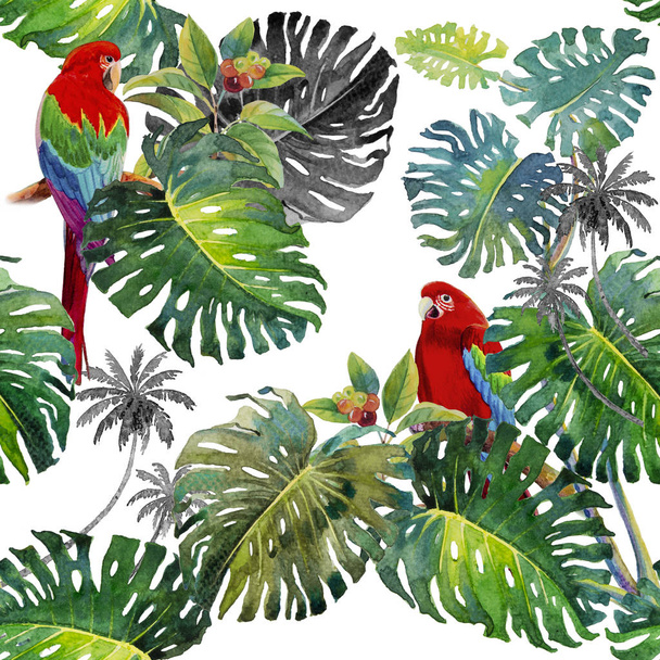 Tropical seamless foliage pattern with Macaw bird. Watercolor tropic drawing, bird and monstera greenery palm tree, tropic green texture, painting illustration - Photo, Image