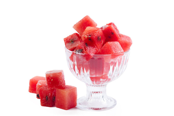 Watermelon fruit cubes isolated on white background - Fotoğraf, Görsel