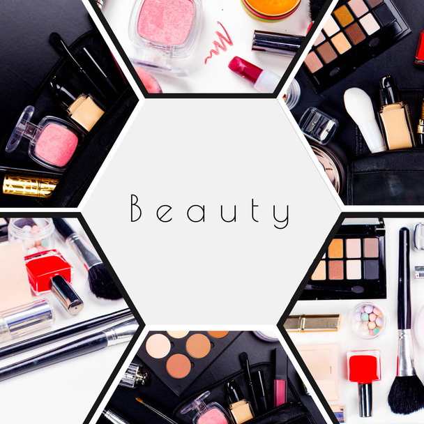 Cosmetics collage with various type of perfumes, eyeshadow and creams - Photo, Image