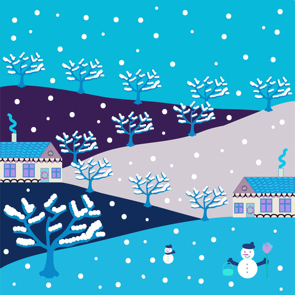 Noordse natuur landschap concept. Perfect voor textiel. Hand getrokken abstracte Scandinavische grafische vectorillustratie met huis, bomen en bergen op grijs, blauw, violet, wit en beige kleuren. - Vector, afbeelding