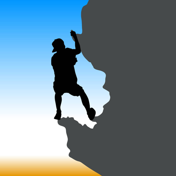Black silhouette rock climber on against the blue sky - Vector, Image