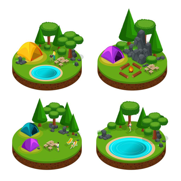 Isometry is a set of mini camping concepts, with characters in the recreation process. tents, bbq, fire, brazier, forest, lake, people, trees - Vector, afbeelding