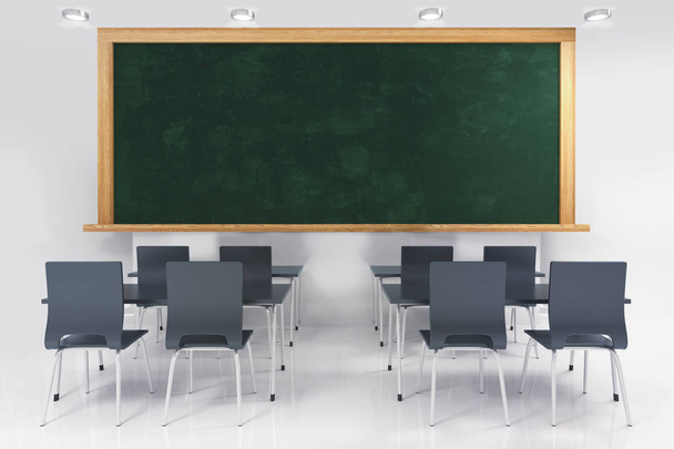 klassieke class kamer met schoolbord en plafond verlichting, onderwijs 3d render illustratie sjabloon - Foto, afbeelding