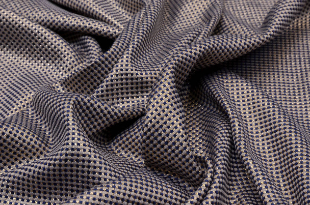 Tissu en laine avec lurex et soie, cage bleu-gris-or
 - Photo, image
