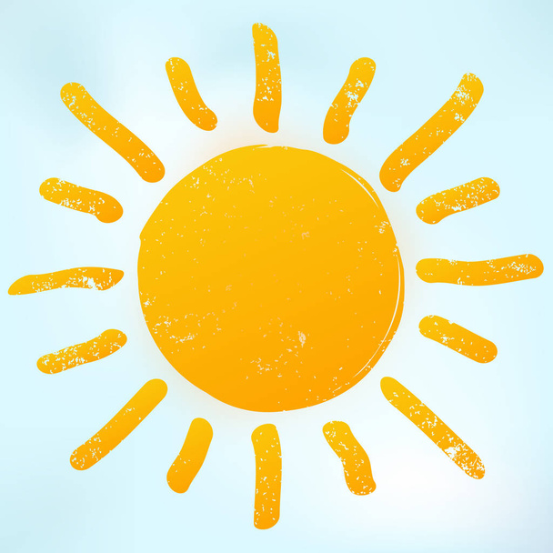 Oranje felle zon pictogram met warme stralen. Zonlicht symbool is op blauwe hemelachtergrond. - Vector, afbeelding