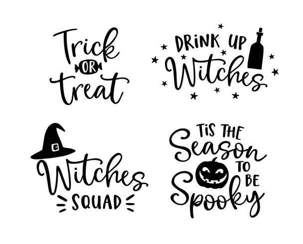Set of handlettered Halloween phrases. Spooky auumn quotes with witches hat and scary pumpkin silhouette. Party lettering, calligraphy. Fall vector illustrations. - Vector, Image