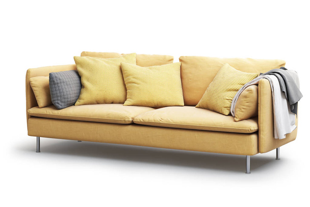 Современный желтый текстильный диван с подушками и пледом на белом фоне с тенями. Скандинавский стиль. Современный стиль. Желтая ткань обивки. 3D рендеринг
 - Фото, изображение