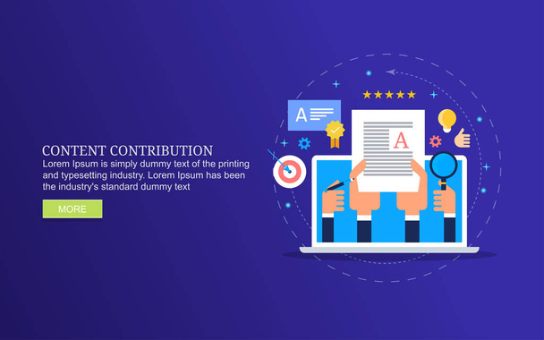 Contributing content on web, content publication and marketing flat design concept with icons and texts - Vector, Image
