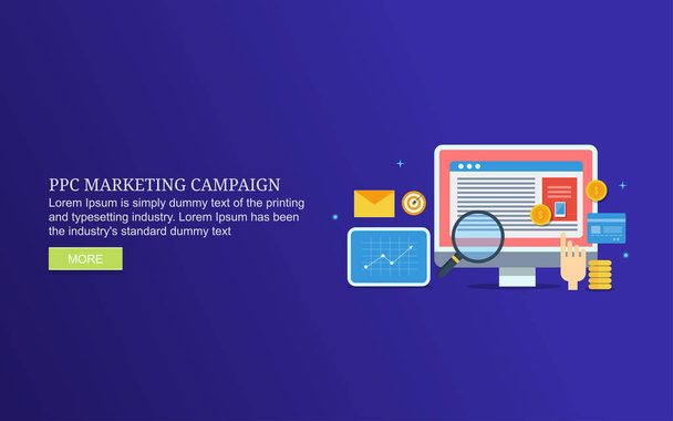 Plochý design - marketingovou kampaň, Ppc Search engine marketing, zaplatit za klepněte koncepční banner s ikonami a texty - Vektor, obrázek