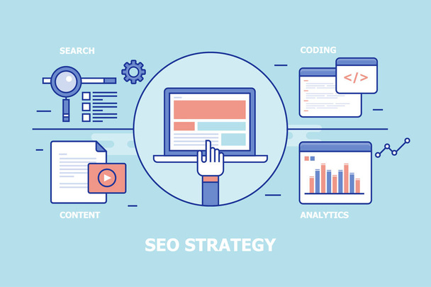 SEO strategy concept including search optimization, onpage coding, content and analytics vector illustration - Vector, Image