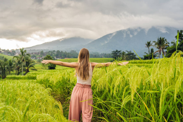 вид сзади Молодая женщина путешественник позирует Jatiluwih Райс террасы, Бали, Индонезия
 - Фото, изображение