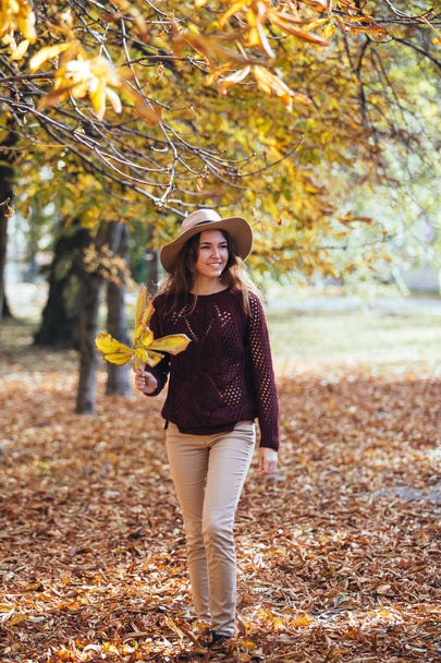 happy smile young woman walking outdoors in autumn park in cozy sweater and hat. Warm sunny weather. Fall concept. Copy space - Photo, Image