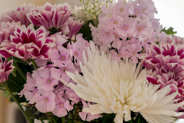 Um belo bando de flores mistas com uma flor branca predominante na frente da imagem. Boa imagem para um florista ou arranjador de flores
. - Foto, Imagem