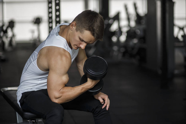 Muscular man working out in gym doing exercises with dumbbells at biceps, strong male torso - Fotoğraf, Görsel