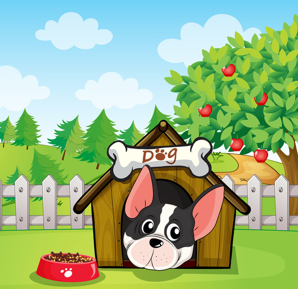 Собака в собачьем домике на заднем дворе с яблоней
 - Вектор,изображение