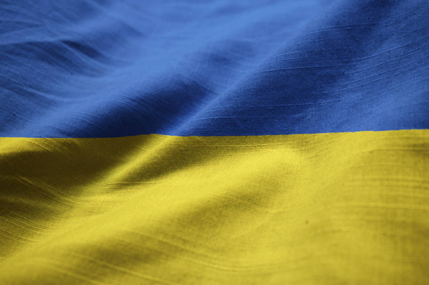 Close-up van gegolfde Oekraïne vlag, Oekraïne vlag waait in de Wind - Foto, afbeelding