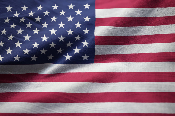 Closeup της σημαίας σημαία, Ηνωμένες Πολιτείες της Αμερικής αναστατωμένα Ηνωμένες Πολιτείες της Αμερικής που πνέει στον άνεμο - Φωτογραφία, εικόνα