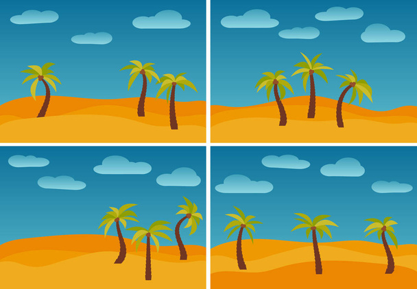 Σύνολο τέσσερις εικόνες με τοπία χαρακτήρα κινουμένων σχεδίων με τρεις φοίνικες στην έρημο. Εικονογράφηση διάνυσμα - Διάνυσμα, εικόνα