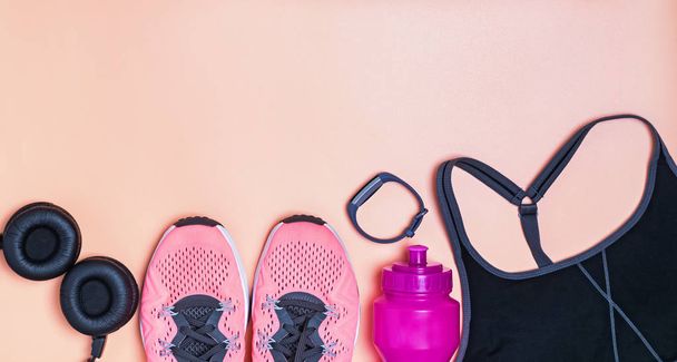 Banner format photo with fitness clothes and accessories on bright background - 写真・画像