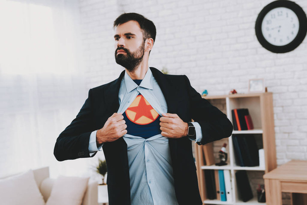 Man In Suit Hides Superhero Side. Time For Action. Double Life. Alter Ego. Ger Ready. Save The World. Strong And Powerful. Hidden Personality. Confidence And Bravery. Tattered Shirt. - Fotoğraf, Görsel