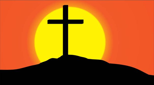 Vector silhouette of a cross on a hill at sunset. - Vector, Image