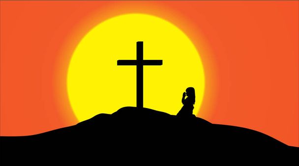 Silhueta de vetor de uma cruz em uma colina no pôr-do-sol
. - Vetor, Imagem