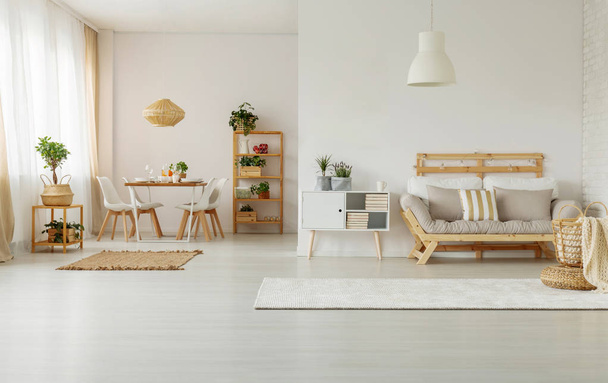 White cabinet with plants next to wooden couch in apartment interior with chairs at table. Real photo - Foto, Bild