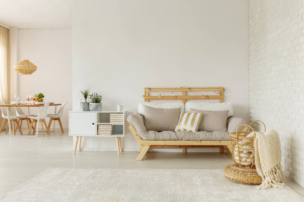 Blanket in basket in front of beige wooden sofa in white flat interior with plants on cabinet. Real photo - Фото, изображение
