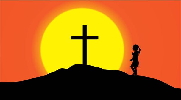 Silhouette vectorielle d'une croix sur une colline au coucher du soleil
. - Vecteur, image