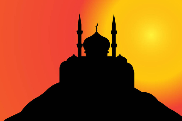 Vector silhouette of a mosque on a hill at sunset. - Vector, Image