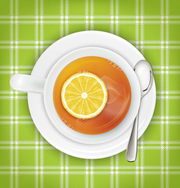 Τσάι με λεμόνι, πιάτο, κουτάλι, πράσινο ύφασμα. Εικονογράφηση διάνυσμα - Διάνυσμα, εικόνα