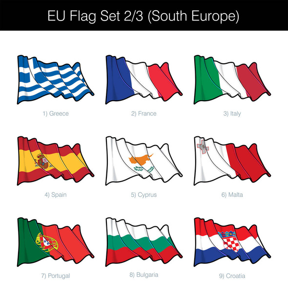 EU Waving Flag Set of South European States. O conjunto inclui as bandeiras da Grécia, França, Itália, Espanha, Chipre, Malta, Portugal, Bulgária e Croácia. Ícones vetoriais todos os elementos ordenadamente em camadas
 - Vetor, Imagem