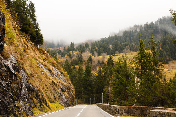 Vista panorámica de la carretera a través de las montañas de otoño en día nublado
 - Foto, imagen
