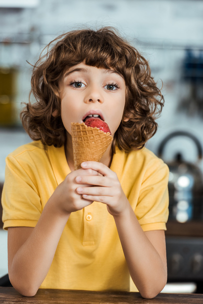 roztomilé dítě jíst lahodné zmrzliny a při pohledu na fotoaparát - Fotografie, Obrázek